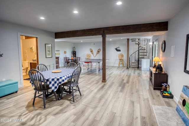 dining area with stairs, beamed ceiling, light wood-type flooring, and recessed lighting