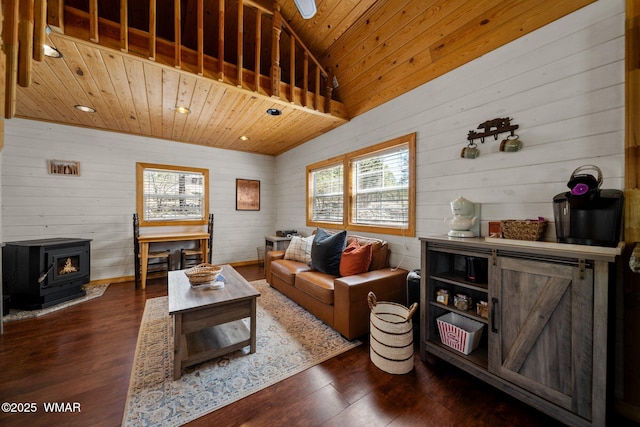 943 Backwoods Trl, Lakeside, AZ 85929 - living room featuring plenty of natural light, wood ceiling, a wood stove, dark wood-style flooring, and wood walls