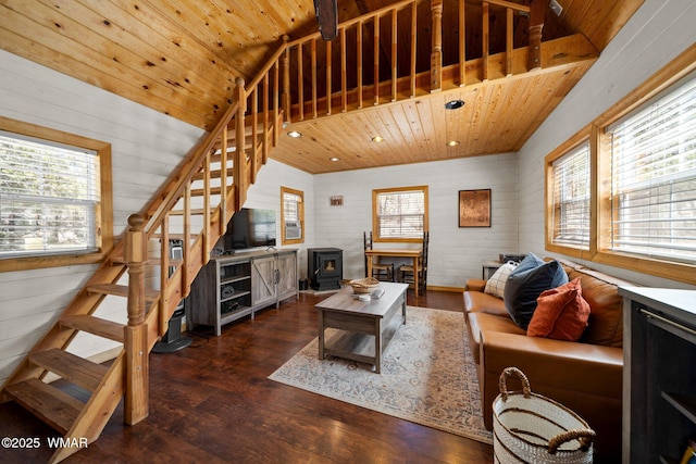 943 Backwoods Trl, Lakeside, AZ 85929 - living area with stairway, a wood stove, wood finished floors, wooden walls, and wooden ceiling