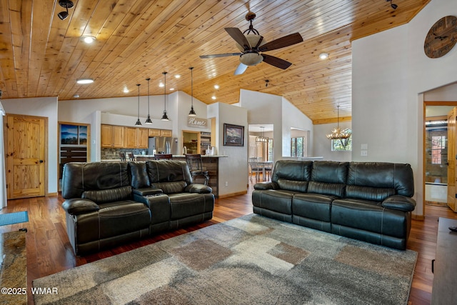 2190 Evergreen Ln, Show Low, AZ 85901 - living area with ceiling fan, baseboards, wood finished floors, high vaulted ceiling, and wooden ceiling