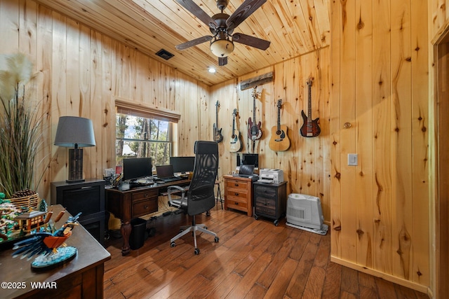 4683 Eagle Nest Ct, Lakeside, AZ 85929 - office featuring wood ceiling, wood walls, hardwood / wood-style floors, and ceiling fan