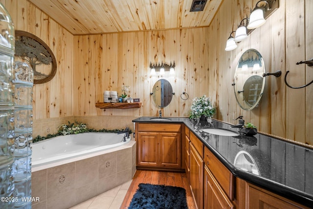 4683 Eagle Nest Ct, Lakeside, AZ 85929 - full bathroom with double vanity, a bath, wood ceiling, tile patterned floors, and wooden walls