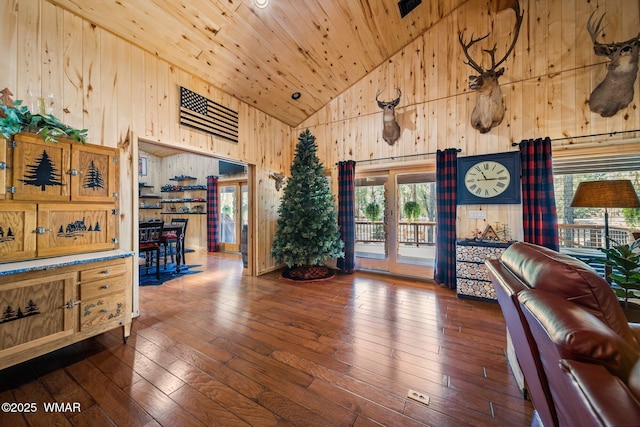 4683 Eagle Nest Ct, Lakeside, AZ 85929 - sitting room featuring high vaulted ceiling, plenty of natural light, hardwood / wood-style flooring, wood walls, and wood ceiling