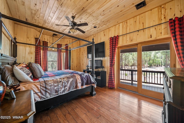4683 Eagle Nest Ct, Lakeside, AZ 85929 - bedroom featuring wood ceiling, wood walls, access to outside, multiple windows, and wood-type flooring