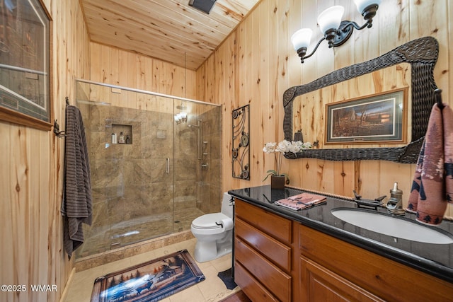 4683 Eagle Nest Ct, Lakeside, AZ 85929 - bathroom featuring vanity, a shower stall, wooden walls, tile patterned floors, and wood ceiling