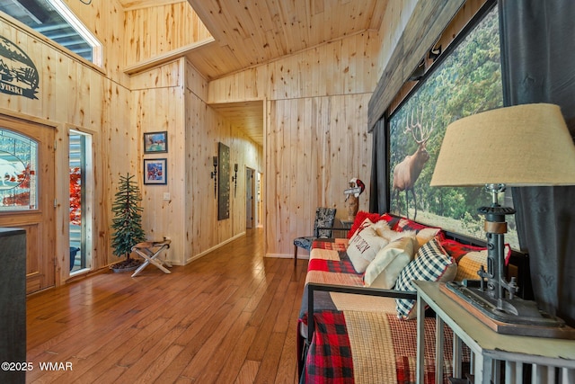 4683 Eagle Nest Ct, Lakeside, AZ 85929 - living area with wood walls, high vaulted ceiling, hardwood / wood-style floors, and wood ceiling