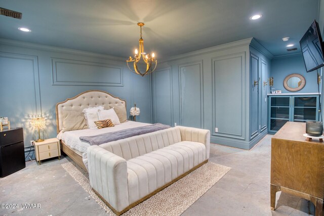 bedroom featuring crown molding, recessed lighting, visible vents, a decorative wall, and an inviting chandelier