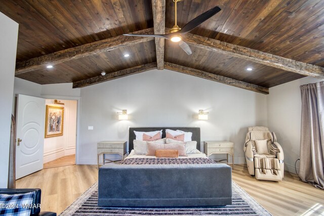 bedroom with lofted ceiling with beams, wooden ceiling, and wood finished floors