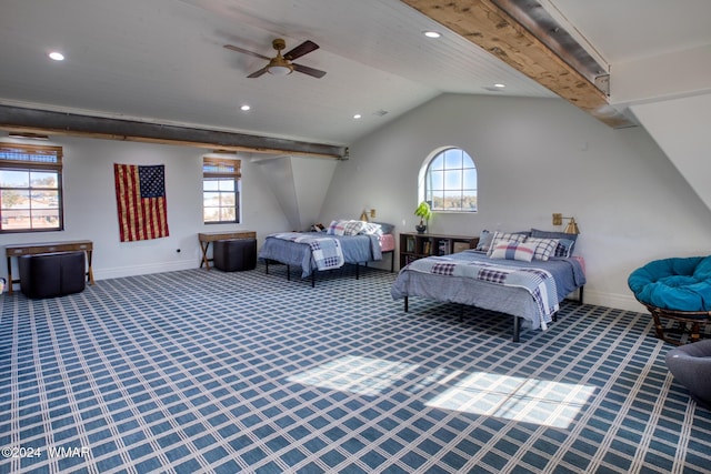 carpeted bedroom with a ceiling fan, recessed lighting, vaulted ceiling, and baseboards