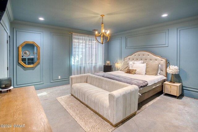 bedroom with recessed lighting, ornamental molding, a decorative wall, and a chandelier