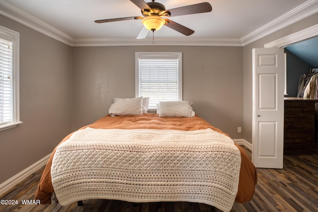 bedroom featuring multiple windows, dark wood finished floors, and crown molding