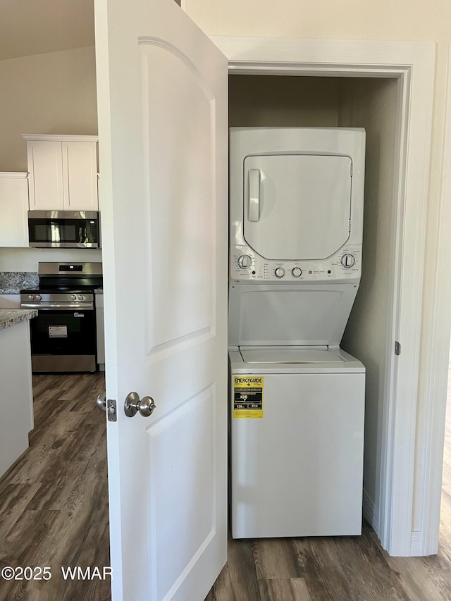 3131 State Route 277, Overgaard, AZ 85933 - laundry room with stacked washing machine and dryer and dark wood-style floors
