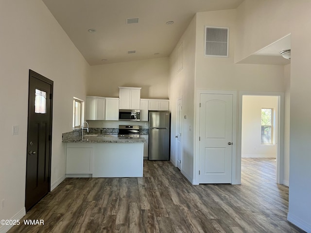 3131 State Route 277, Overgaard, AZ 85933 - kitchen featuring stainless steel appliances, high vaulted ceiling, white cabinets, a peninsula, and stone counters