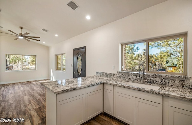 3131 State Route 277, Overgaard, AZ 85933 - kitchen featuring a sink, ceiling fan, light stone countertops, healthy amount of natural light, and lofted ceiling