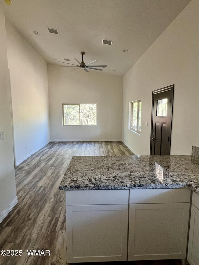 3131 State Route 277, Overgaard, AZ 85933 - kitchen featuring a ceiling fan, wood finished floors, dark stone counters, open floor plan, and high vaulted ceiling