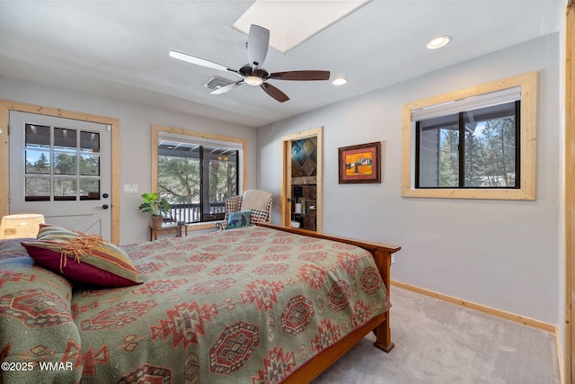 carpeted bedroom with access to exterior, recessed lighting, baseboards, and ceiling fan