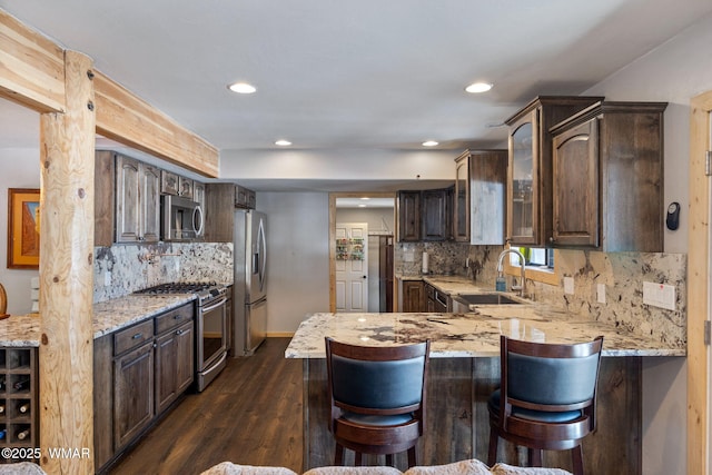 kitchen featuring dark brown cabinets, a peninsula, stainless steel appliances, and a sink