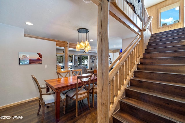 dining room with recessed lighting, stairway, baseboards, and dark wood finished floors