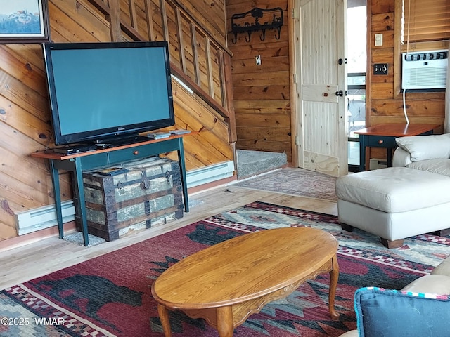 1949 Norton Pl, Show Low, AZ 85901 - living room featuring wood walls, wood finished floors, baseboard heating, and cooling unit