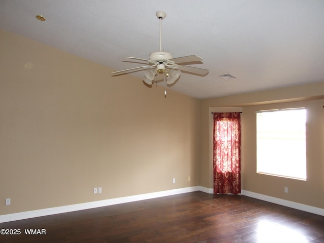 2124 W Vista Dr, Snowflake, AZ 85937 - empty room with baseboards, a ceiling fan, dark wood-style floors, and visible vents