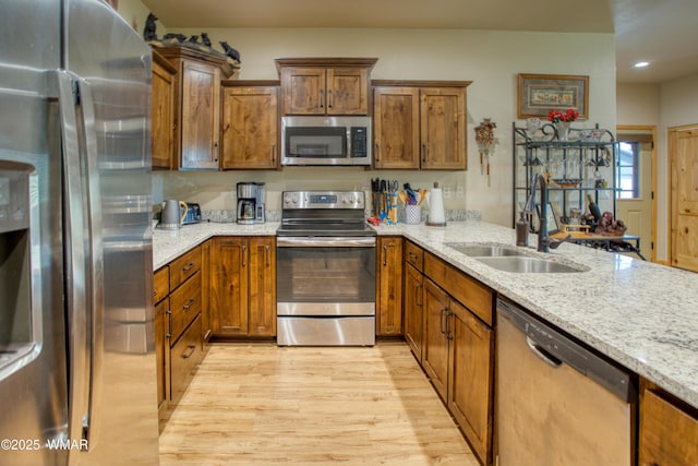 5863 Apollo Way, Lakeside, AZ 85929 - kitchen featuring appliances with stainless steel finishes, a sink, light wood-style flooring, light stone counters, and recessed lighting