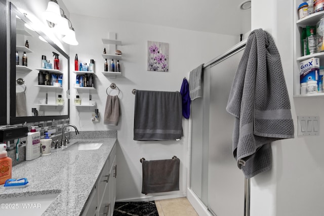 1275 Flag Hollow Rd, Lakeside, AZ 85929 - full bath with a stall shower, tile patterned flooring, and double vanity