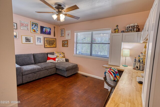 1421 N 36th Dr, Show Low, AZ 85901 - living area with ceiling fan, dark wood-style flooring, and baseboards