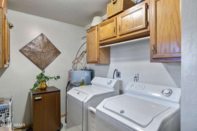 1513 Low Mountain Trl, Heber, AZ 85928 - laundry room with a textured ceiling, water heater, washing machine and dryer, cabinet space, and a textured wall