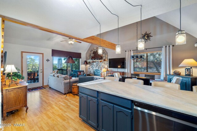 1513 Low Mountain Trl, Heber, AZ 85928 - kitchen featuring light countertops, light wood-style flooring, blue cabinets, beverage cooler, and a ceiling fan