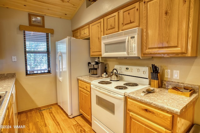 kitchen featuring white appliances, baseboards, visible vents, wooden ceiling, and light wood-style floors