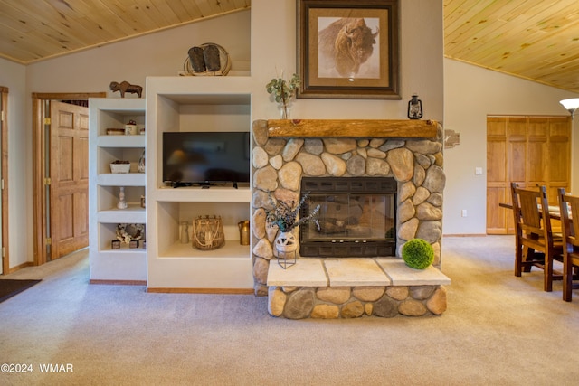 living area featuring wooden ceiling, light carpet, vaulted ceiling, and a stone fireplace