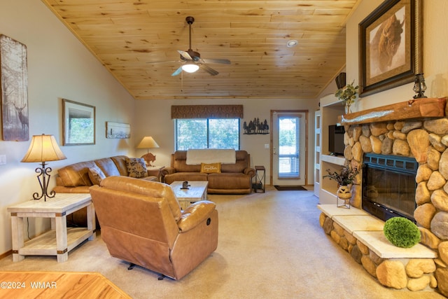 living room featuring light carpet, wooden ceiling, a fireplace, and vaulted ceiling