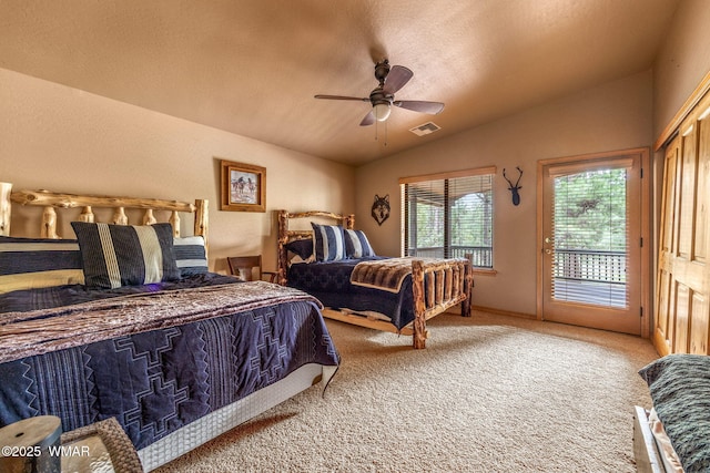 4602 Mountain Gate Cir, Lakeside, AZ 85929 - carpeted bedroom featuring a ceiling fan, access to exterior, lofted ceiling, and visible vents