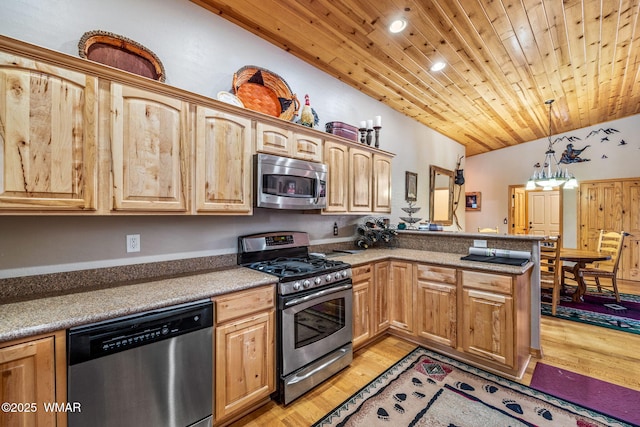 4602 Mountain Gate Cir, Lakeside, AZ 85929 - kitchen featuring a peninsula, wood ceiling, lofted ceiling, stainless steel appliances, and light wood finished floors