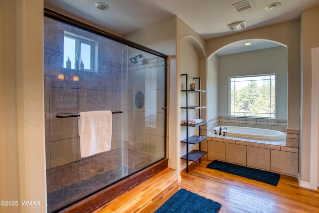 4701 S Manzanita Way, Show Low, AZ 85901 - full bathroom with a garden tub, a shower stall, wood finished floors, and recessed lighting