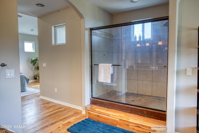 4701 S Manzanita Way, Show Low, AZ 85901 - full bath featuring wood finished floors, a shower stall, and baseboards