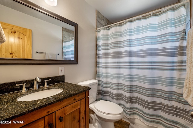 full bathroom featuring curtained shower, vanity, and toilet