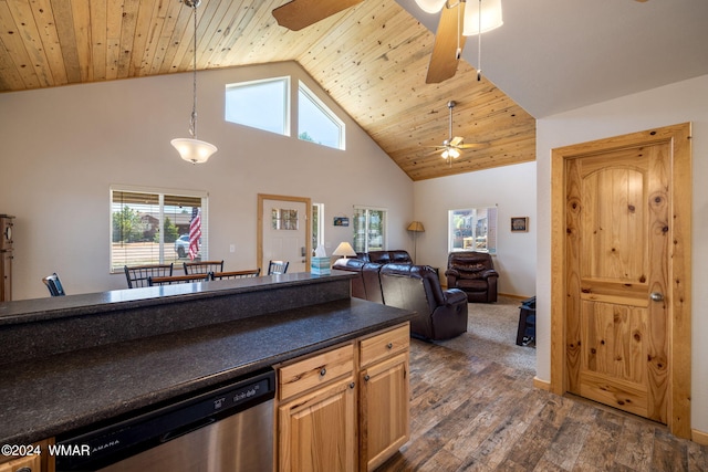 kitchen featuring dark countertops, wooden ceiling, dishwasher, and ceiling fan