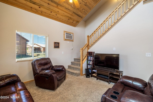 carpeted living room featuring baseboards, a ceiling fan, wooden ceiling, stairs, and an AC wall unit