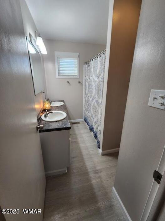 bathroom with wood finished floors, a sink, baseboards, and double vanity