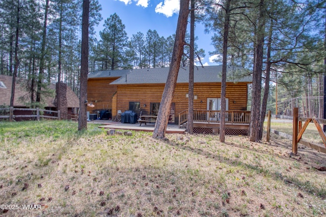 5238 Buck Springs Rd, Pinetop, AZ 85935 - back of house with a wooden deck, log veneer siding, and roof with shingles