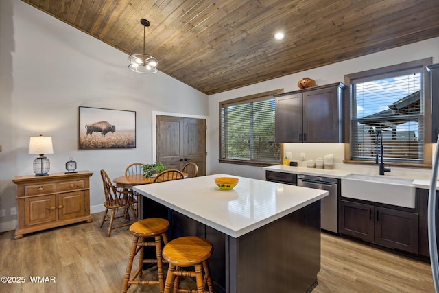 2051 N Bison Pass Ct, Show Low, AZ 85901 - kitchen with stainless steel dishwasher, a sink, wood ceiling, light countertops, and plenty of natural light