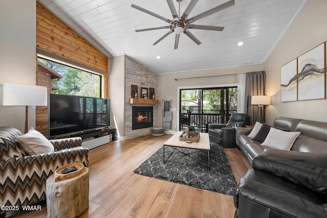 2870 W Lodgepole Ln, Show Low, AZ 85901 - living room featuring vaulted ceiling, hardwood / wood-style flooring, a ceiling fan, a fireplace, and wooden ceiling