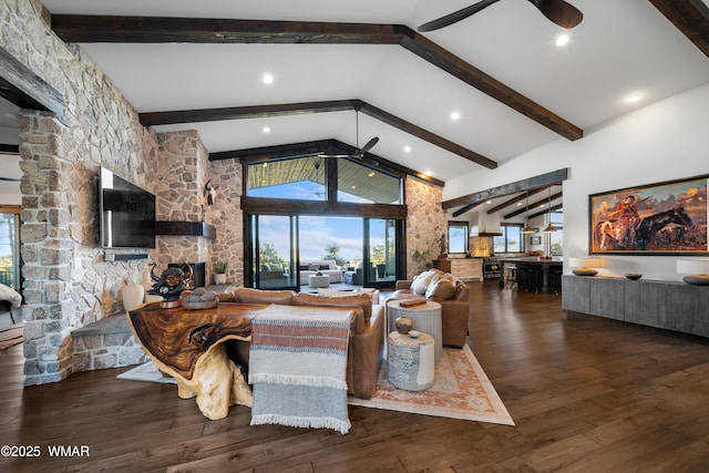 living area with high vaulted ceiling, wood-type flooring, beam ceiling, and a ceiling fan