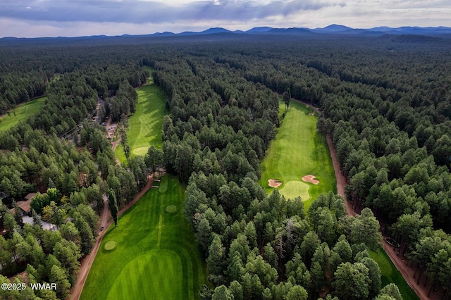 drone / aerial view featuring a mountain view, a view of trees, and golf course view