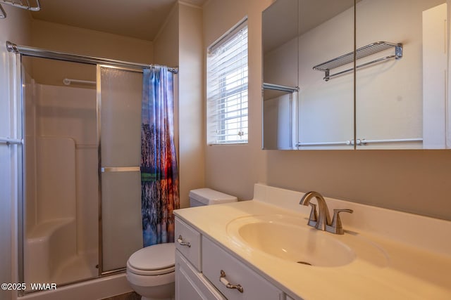 bathroom with vanity, a shower stall, and toilet