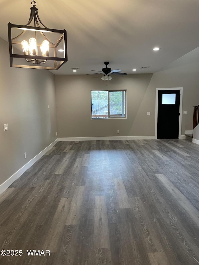 2426 Aspen Run, Pinetop, AZ 85935 - unfurnished dining area with baseboards, dark wood-style floors, recessed lighting, and ceiling fan with notable chandelier