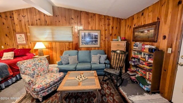 219 Yeager Ln, Lakeside, AZ 85929 - carpeted living area with wooden walls and lofted ceiling