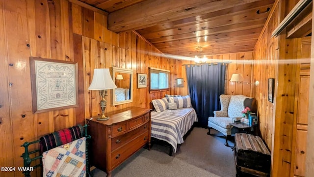 219 Yeager Ln, Lakeside, AZ 85929 - carpeted bedroom with wood walls and wooden ceiling