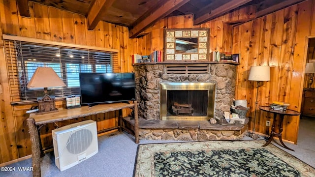 219 Yeager Ln, Lakeside, AZ 85929 - living room featuring wooden walls, a wood ceiling with exposed beams, a stone fireplace, and carpet